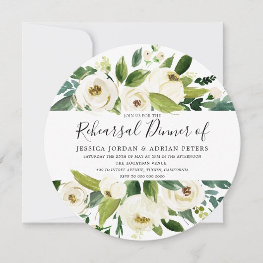 Greenery White Floral Rehearsal Dinner Invitation Kaart (Voorkant)