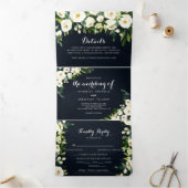 Greenery White Floral Royal Blue Wedding Drieluik Uitnodiging (Binnen)