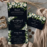 Greenery White Floral Royal Blue Wedding Drieluik Uitnodiging<br><div class="desc">Deze groen witte bloemenblauwe drievoudige bruiloft uitnodiging is perfect voor een rustieke bruiloft. Het ontwerp is voorzien van elegante waterverf witte pioenen met groen gebladerte op een donkerblauwe achtergrond. Sla papier op door meer details op de achterkant van de uitnodiging op te nemen in plaats van op een aparte bijsluiterkaart....</div>