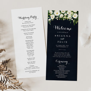 Greenery White Floral Royal Blue Wedding Programmakaart