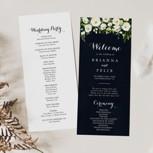 Greenery White Floral Royal Blue Wedding Programmakaart
