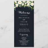 Greenery White Floral Royal Blue Wedding Programmakaart (Voorkant)