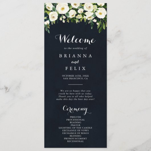 Greenery White Floral Royal Blue Wedding Programmakaart (Voorkant)