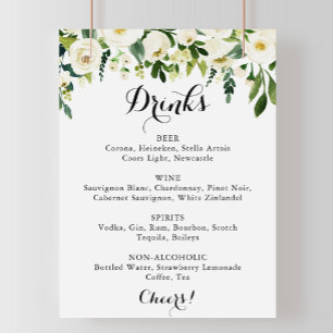 Greenery White Floral Wedding Drink Menu Sign Poster