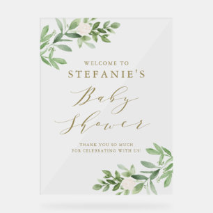 Greenery White Flowers Gold Baby shower Welkom Acryl Bord
