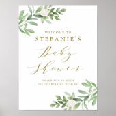 Greenery White Flowers Gold Baby shower Welkom Poster (Voorkant)