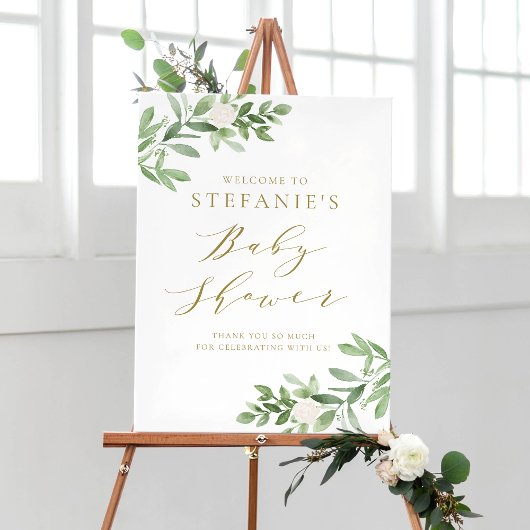Greenery White Flowers Gold Baby shower Welkom Poster