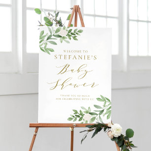 Greenery White Flowers Gold Baby shower Welkom Poster
