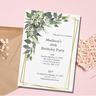 Greenery White Flowers Gold Lijst Elegant Birthday Kaart