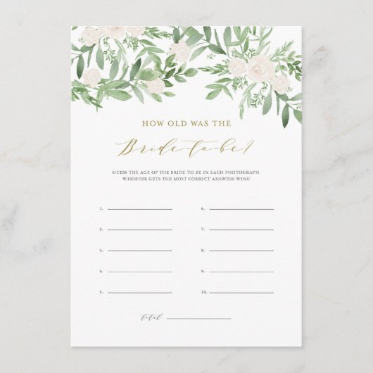 Greenery White Flowers Hoe oud was de Bride-to-be Informatiekaartje (Voorkant)