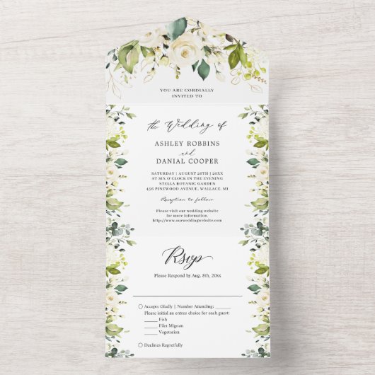 Greenery White Gold Floral Wedding Details RSVP All In One Uitnodiging (Binnen)