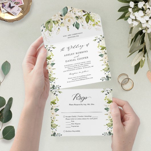 Greenery White Gold Floral Wedding Details RSVP All In One Uitnodiging