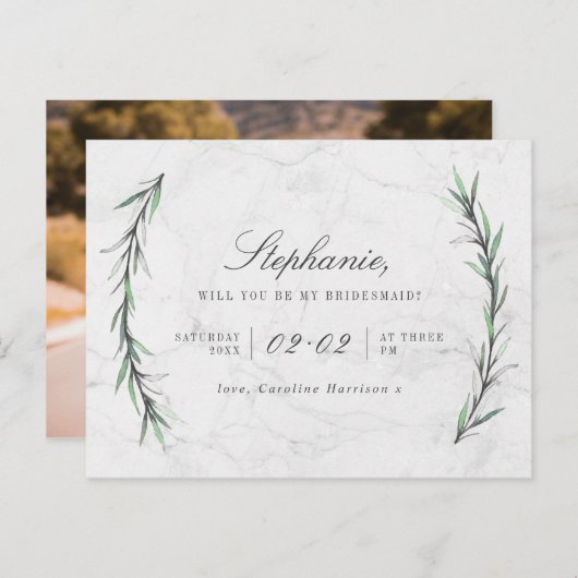 Greenery & White Marble wordt mijn bruidsmeisje Uitnodiging Briefkaart (Voorkant / Achterkant)