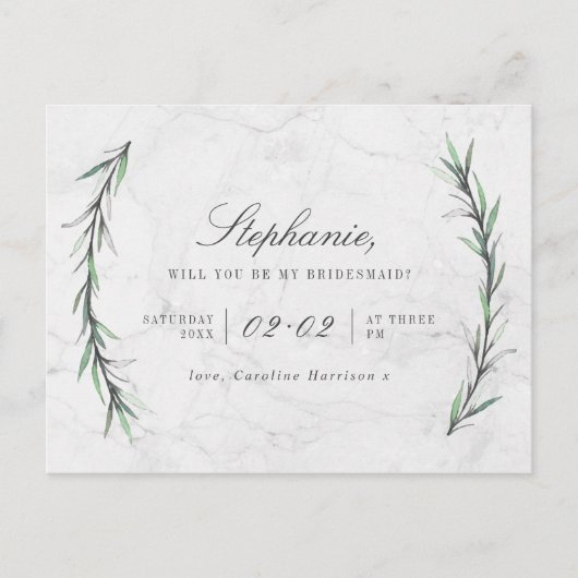 Greenery & White Marble wordt mijn bruidsmeisje Uitnodiging Briefkaart (Voorkant)