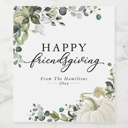 Greenery White Pumpkin Friendsgiving Dinner Wijn Etiket (Enkel label)