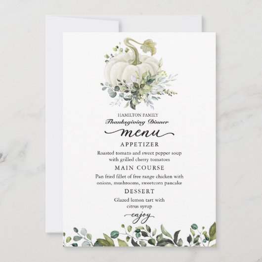 Greenery White Pumpkin Thanksgiving Dinner Menu (Voorkant)