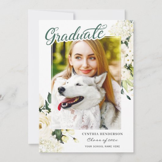 Greenery White Rose Floral Afstuderen Aankondiging (Voorkant)