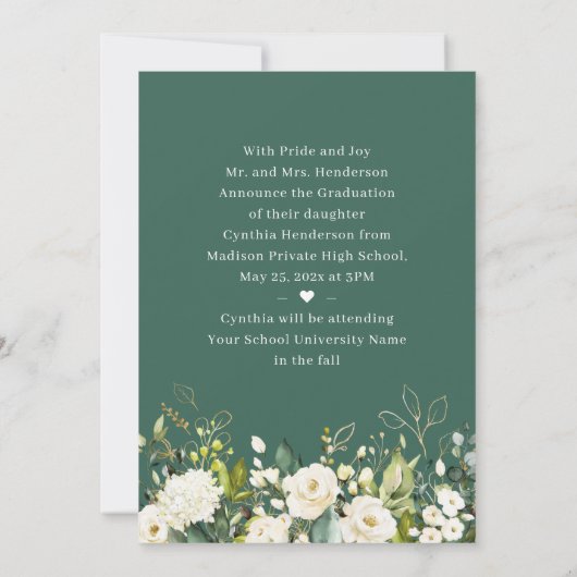 Greenery White Rose Floral Afstuderen Aankondiging (Achterkant)