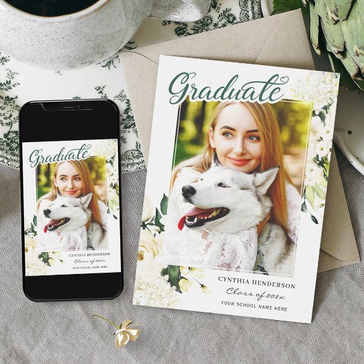 Greenery White Rose Floral Afstuderen Aankondiging