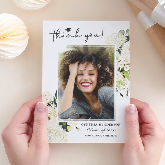 Greenery White Rose Floral Afstuderen Foto Bedankkaart