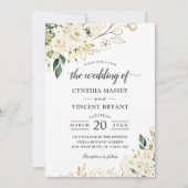 Greenery White Rose Floral Gold Leaves Wedding Kaart (Voorkant)