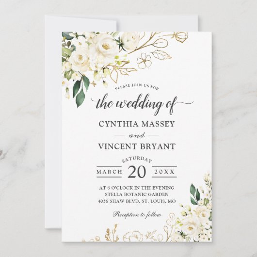 Greenery White Rose Floral Gold Leaves Wedding Kaart (Voorkant)