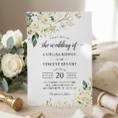 Greenery White Rose Floral Gold Leaves Wedding Kaart