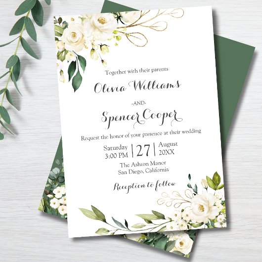 Greenery White Rose Floral Gold Leaves Wedding Kaart