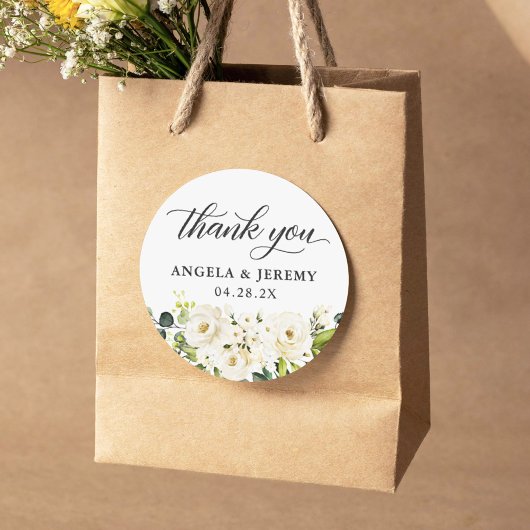 Greenery White Roses Floral Wedding Dank je Ronde Sticker
