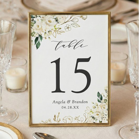 Greenery White Roses Floral Wedding Table Number Kaart