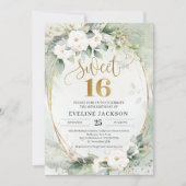 Greenery white roses gold foil oval, zoet 16 kaart (Voorkant)