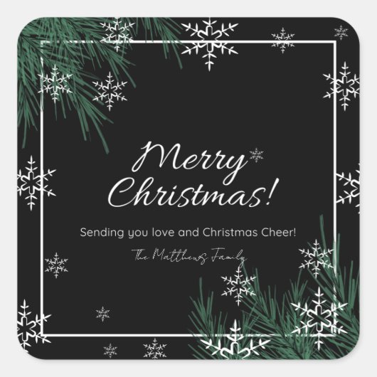 Greenery White Snowflake kerstfamilie naam Vierkante Sticker (Voorkant)
