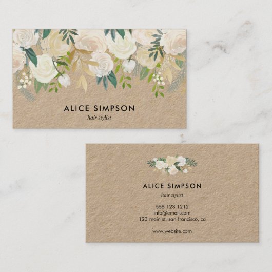 Greenery White Waterverf Floral Kraft Visitekaartje (Voorkant / Achterkant)