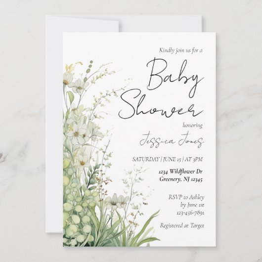 Greenery Wildflower Baby shower Invitation Kaart (Voorkant)