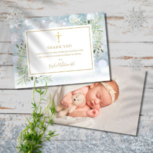Greenery Winter Baptism Christening Foto Bedankkaart