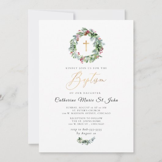 Greenery Winter Krans Faux Gouden Doop Kaart (Voorkant)