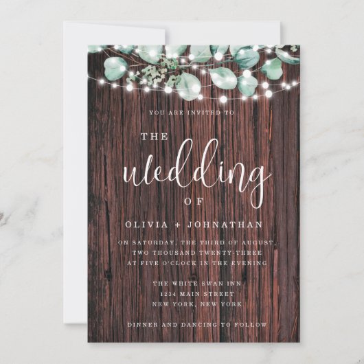 Greenery Wood String Lights Wedding Invitation Kaart (Voorkant)