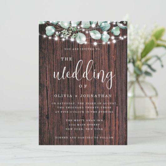 Greenery Wood String Lights Wedding Invitation Kaart (Staand voorkant)