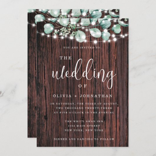 Greenery Wood String Lights Wedding Invitation Kaart (Voorkant / Achterkant)