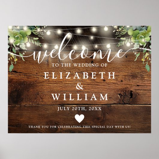 Greenery Wood String Lights Wedding Welcome Sign Poster (Voorkant)