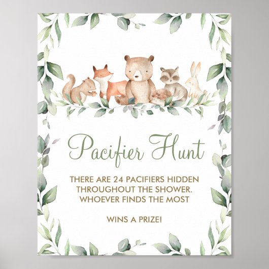 Greenery Woodland Animal Shower Pacifier Hunt Game Poster (Voorkant)