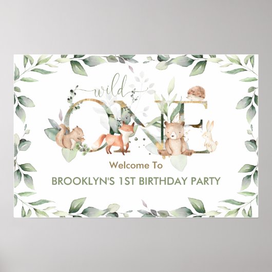 Greenery Woodland Animals 1e verjaardag Poster (Voorkant)