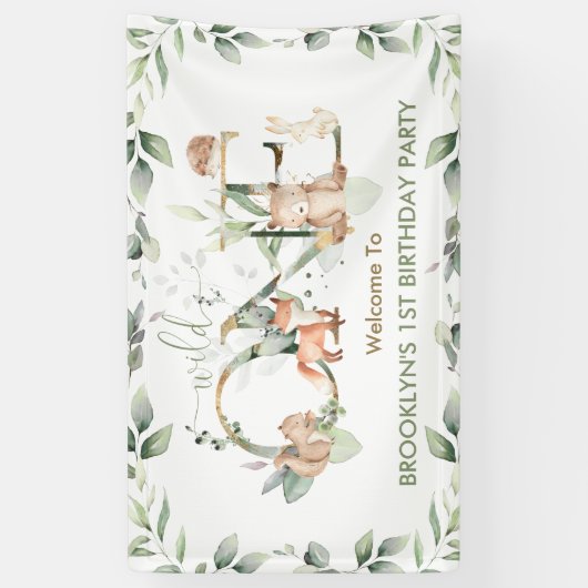 Greenery Woodland Animals 1e verjaardag  Spandoek (Verticaal)