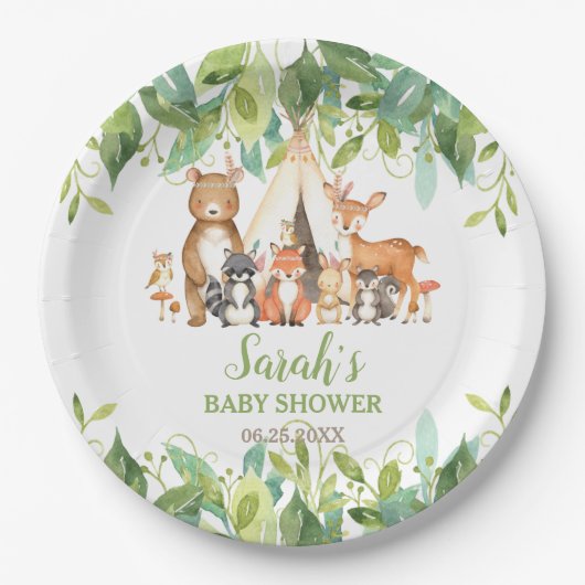 Greenery Woodland Animals Baby shower Birthday Papieren Bordje (Voorkant)
