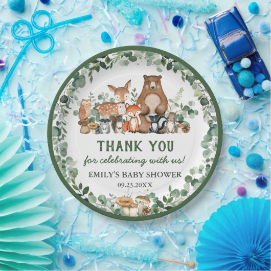 Greenery Woodland Animals Baby shower Birthday Papieren Bordje (Feest)