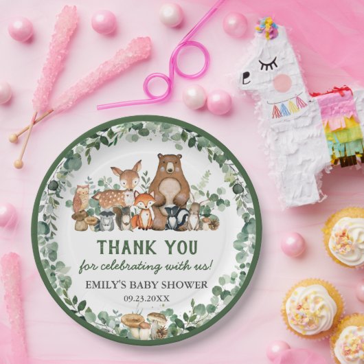 Greenery Woodland Animals Baby shower Birthday Papieren Bordje (Feest)