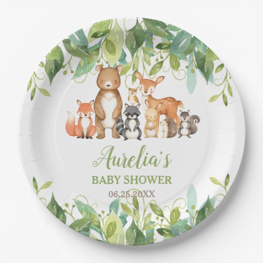 Greenery Woodland Animals Baby shower Birthday Papieren Bordje (Voorkant)