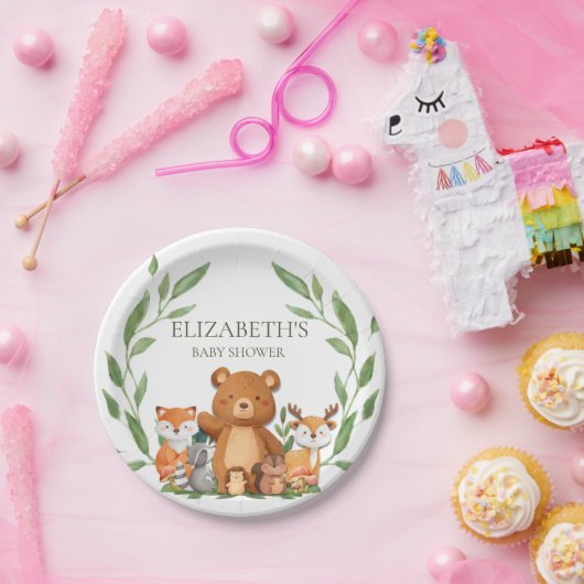 Greenery Woodland Animals Baby shower Birthday Papieren Bordje (Feest)