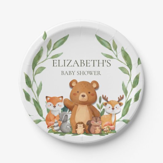 Greenery Woodland Animals Baby shower Birthday Papieren Bordje (Voorkant)