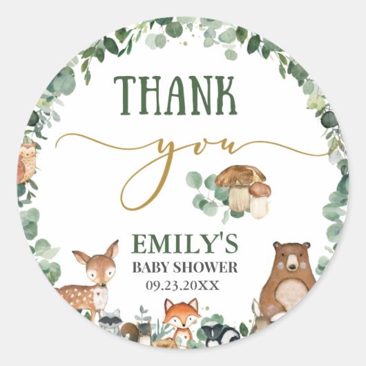 Greenery Woodland Animals Baby shower Birthday Ronde Sticker (Voorkant)